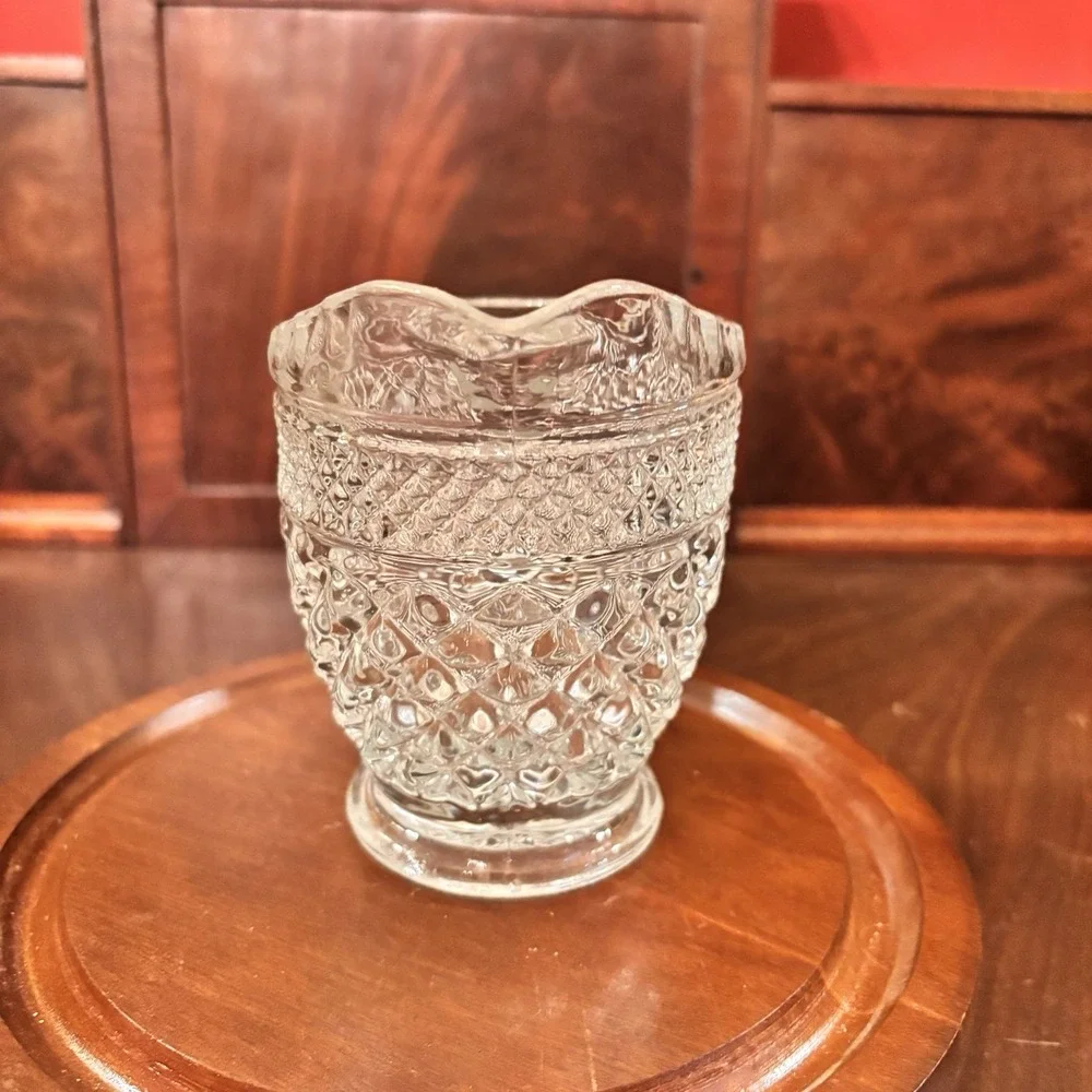 Vintage Clear Pressed Glass Creamer Diamond Pattern Footed Pitcher Scalloped Rim